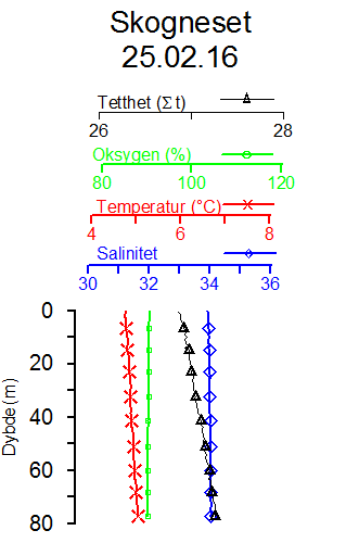 Figur 2: Grafisk framstilling av resultat CTDO-måling i sørøysundet Målingene viser relativt homogene vannmasser i resipienten ned til bunnen.