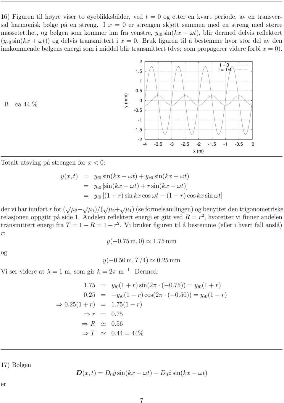 i x = 0. Bruk figuren til å bestemme hvor stor del av den innkommende bølgens energi som i middel blir transmittert (dvs: som propagerer videre forbi x = 0). 2 1.