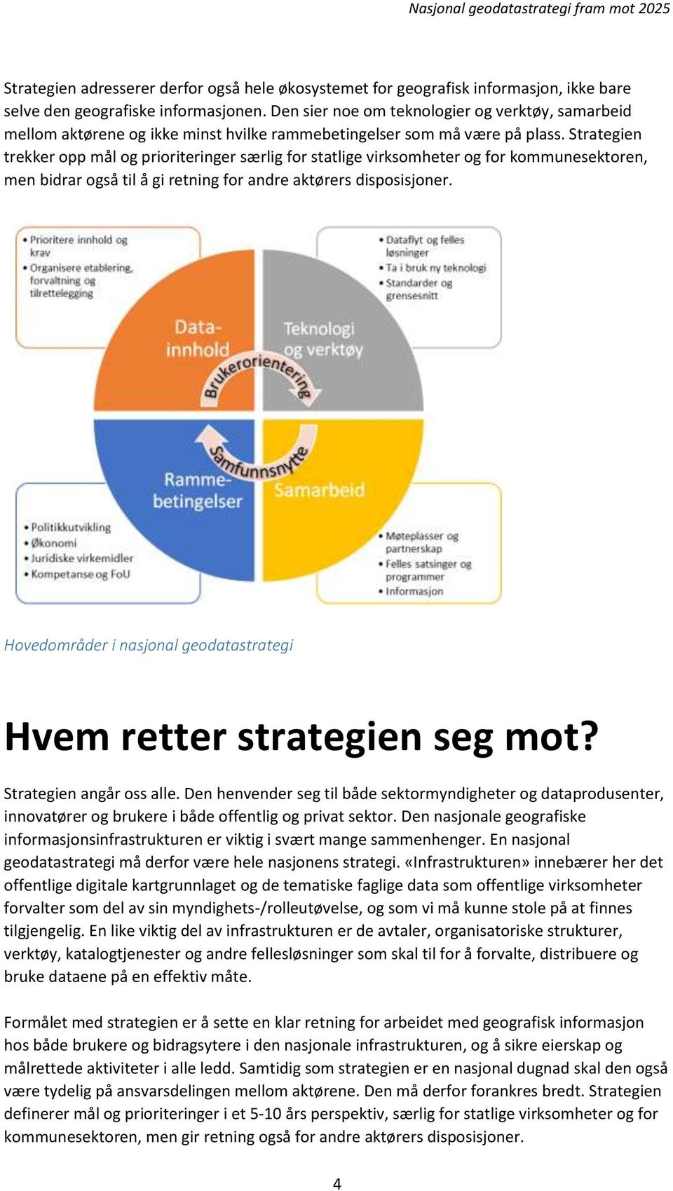 Strategien trekker opp mål og prioriteringer særlig for statlige virksomheter og for kommunesektoren, men bidrar også til å gi retning for andre aktørers disposisjoner.