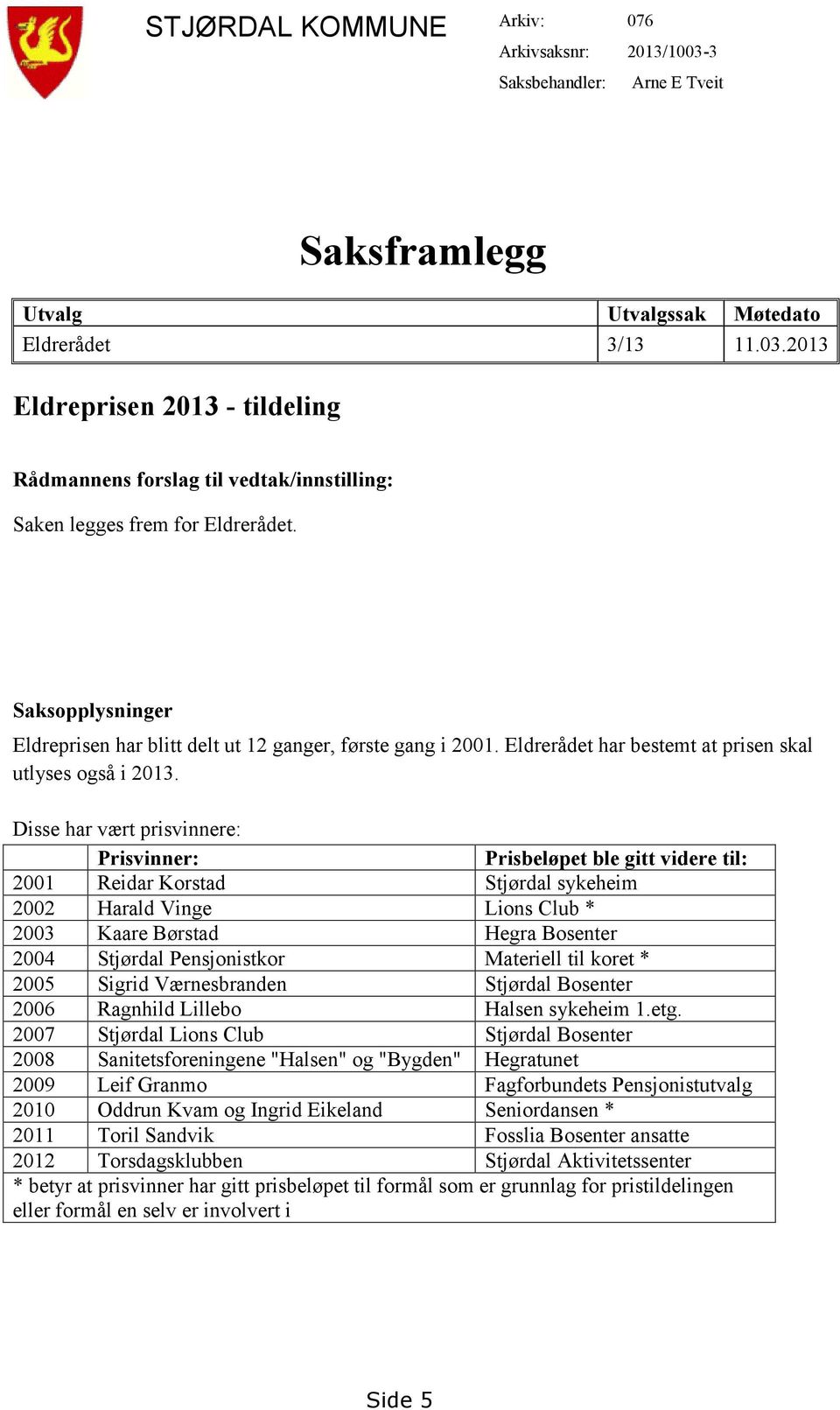 Disse har vært prisvinnere: Prisvinner: Prisbeløpet ble gitt videre til: 2001 Reidar Korstad Stjørdal sykeheim 2002 Harald Vinge Lions Club * 2003 Kaare Børstad Hegra Bosenter 2004 Stjørdal