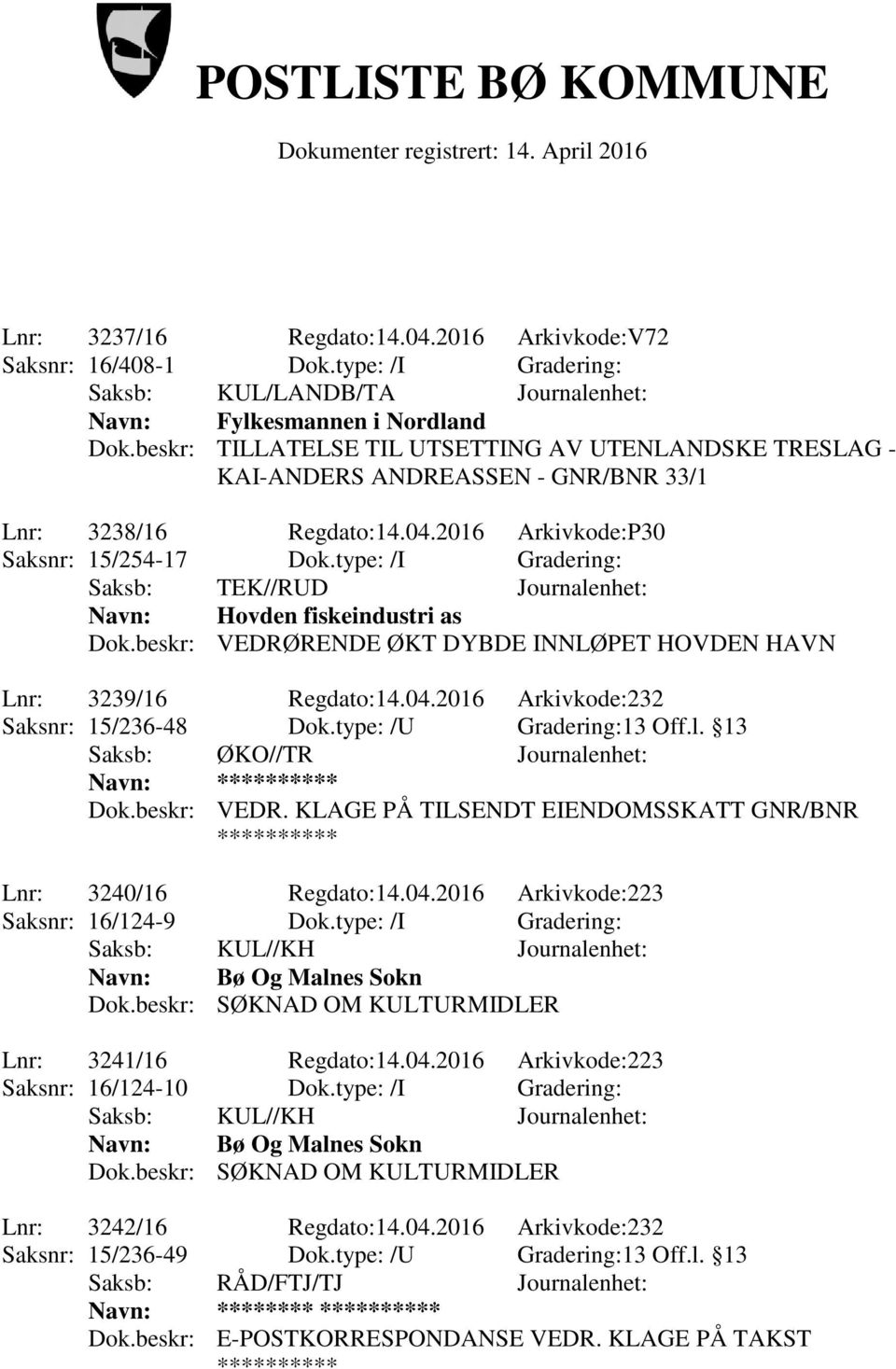 type: /I Gradering: Navn: Hovden fiskeindustri as Dok.beskr: VEDRØRENDE ØKT DYBDE INNLØPET HOVDEN HAVN Lnr: 3239/16 Regdato:14.04.2016 Arkivkode:232 Saksnr: 15/236-48 Dok.type: /U Gradering:13 Off.l.