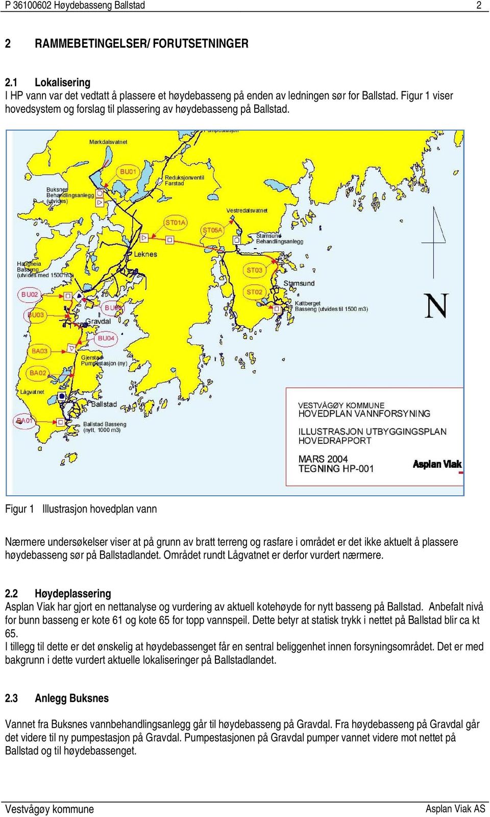Figur 1 Illustrasjon hovedplan vann Nærmere undersøkelser viser at på grunn av bratt terreng og rasfare i området er det ikke aktuelt å plassere høydebasseng sør på Ballstadlandet.
