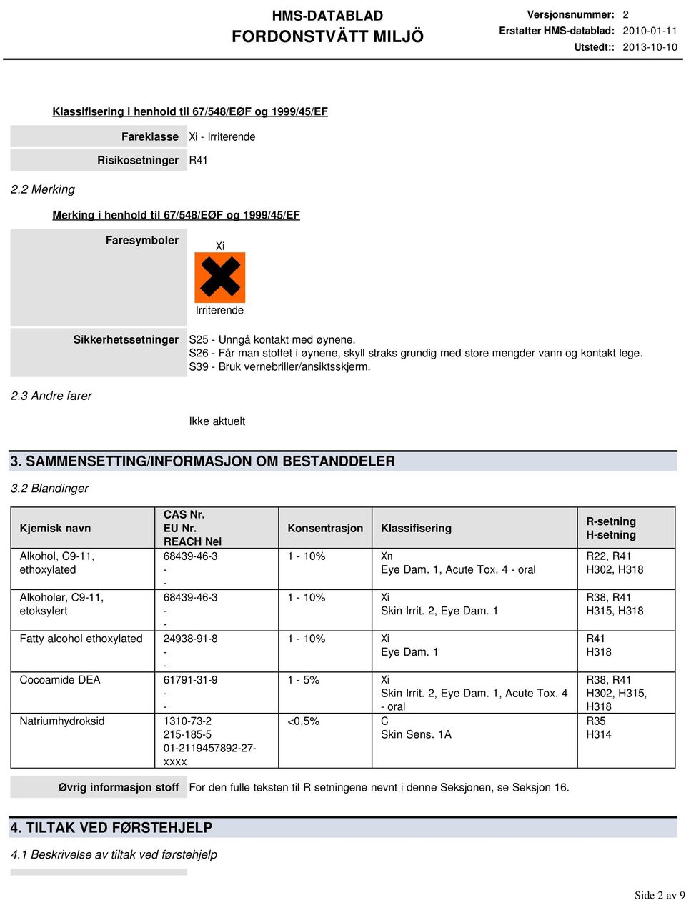 S26 Får man stoffet i øynene, skyll straks grundig med store mengder vann og kontakt lege. S39 Bruk vernebriller/ansiktsskjerm. 2.3 Andre farer 3. SAMMENSETTING/INFORMASJON OM BESTANDDELER 3.