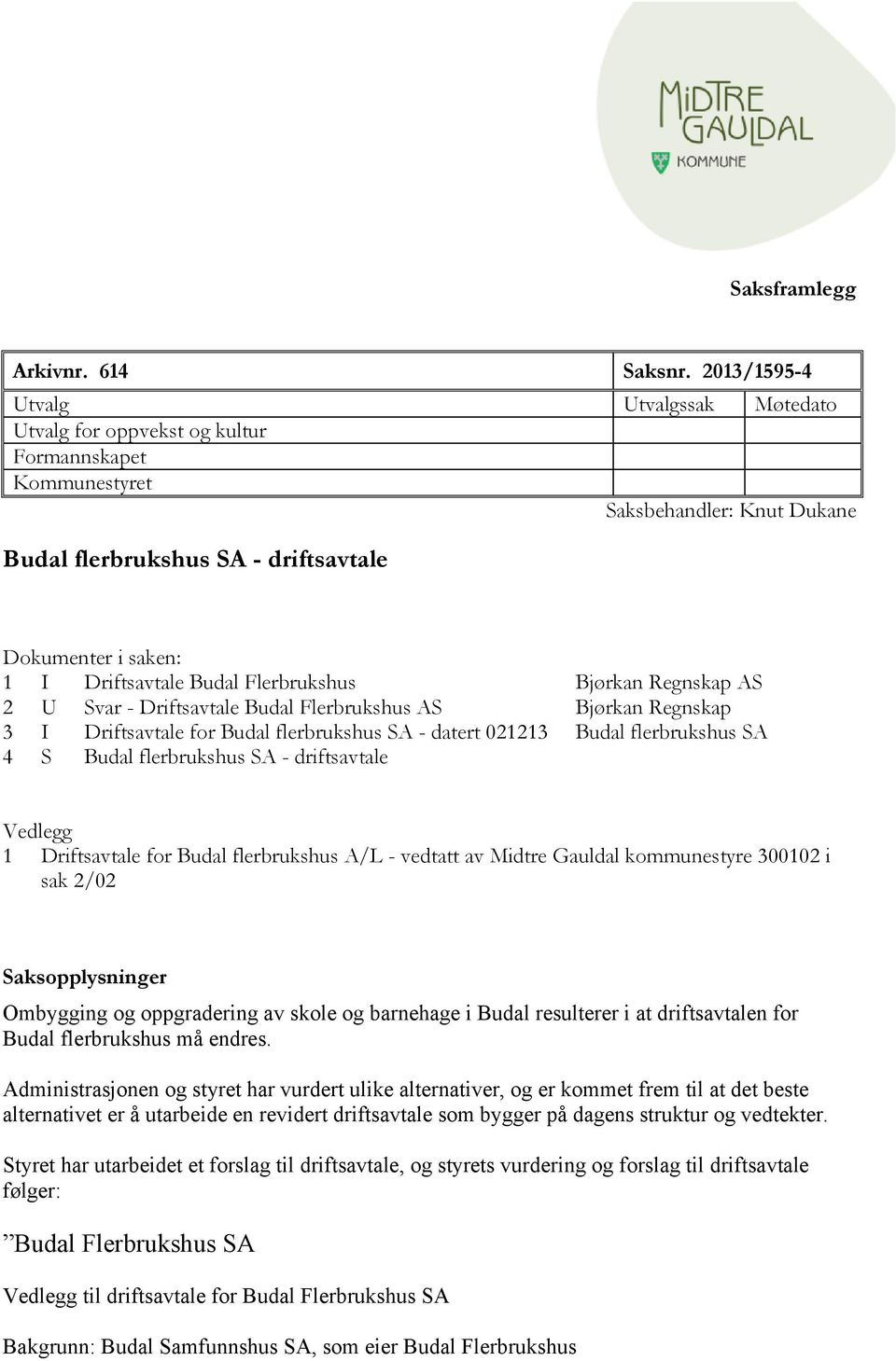 Budal Flerbrukshus Bjørkan Regnskap AS 2 U Svar - Driftsavtale Budal Flerbrukshus AS Bjørkan Regnskap 3 I Driftsavtale for Budal flerbrukshus SA - datert 021213 Budal flerbrukshus SA 4 S Budal