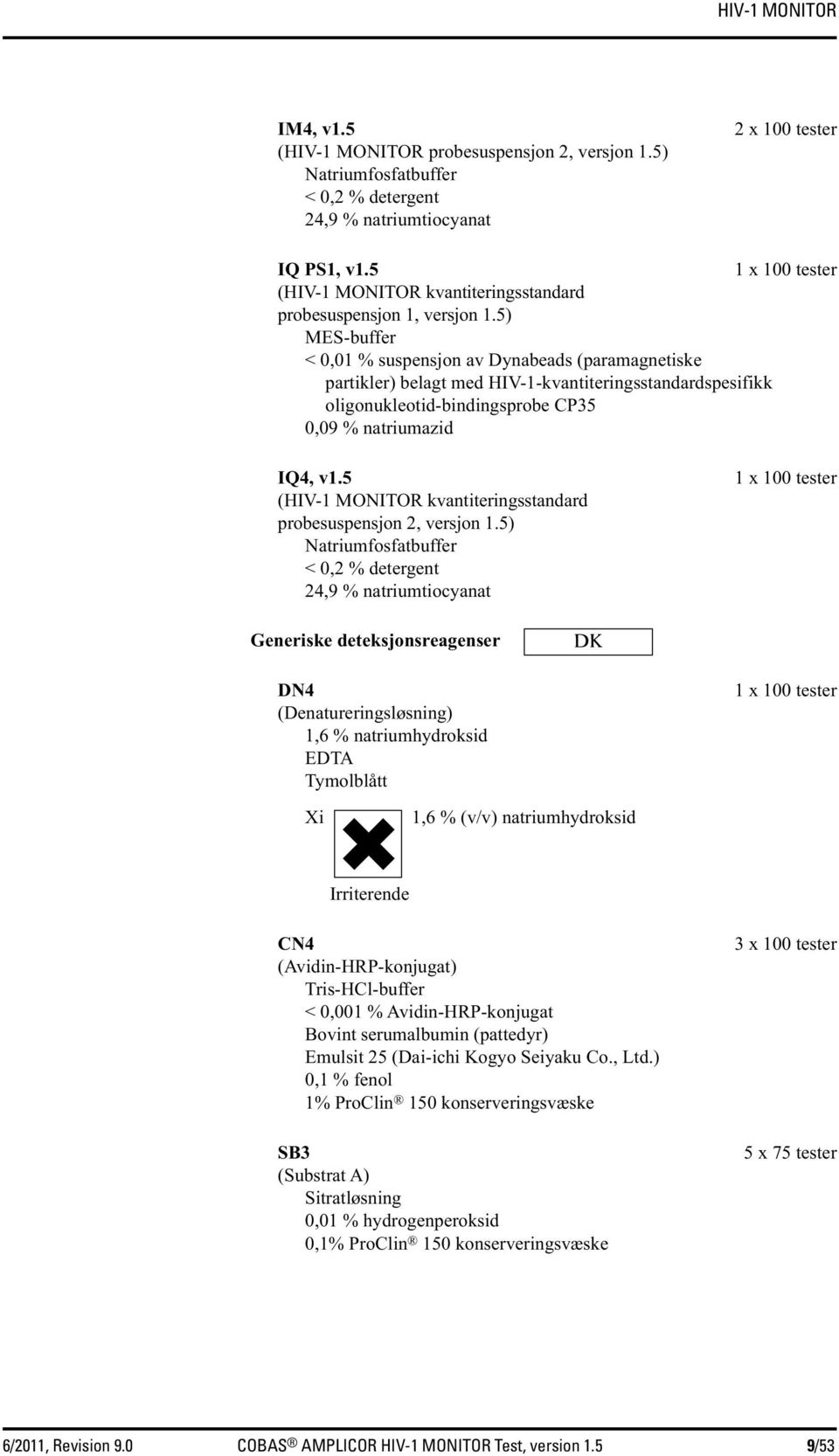 5) MES-buffer < 0,01 % suspensjon av Dynabeads (paramagnetiske partikler) belagt med HIV-1-kvantiteringsstandardspesifikk oligonukleotid-bindingsprobe CP35 0,09 % natriumazid IQ4, v1.