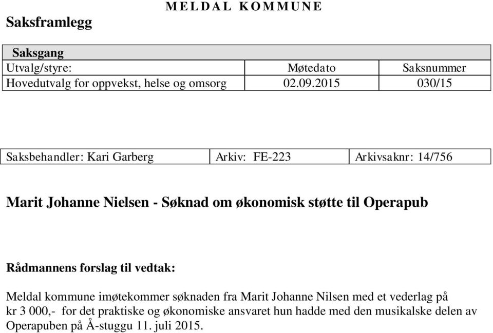 til Operapub Rådmannens forslag til vedtak: Meldal kommune imøtekommer søknaden fra Marit Johanne Nilsen med et vederlag på kr