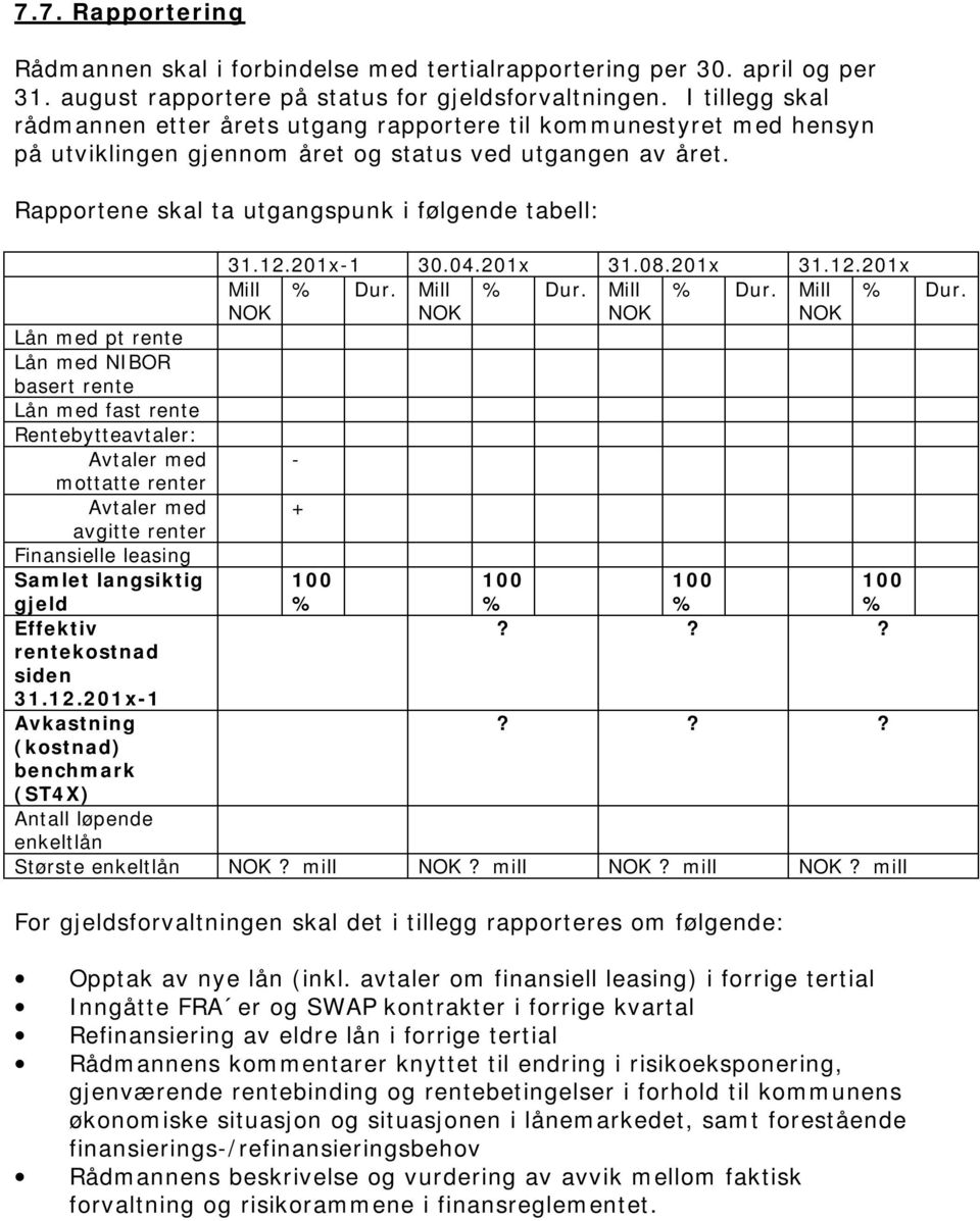 Rapportene skal ta utgangspunk i følgende tabell: Lån med pt rente Lån med NIBOR basert rente Lån med fast rente Rentebytteavtaler: Avtaler med mottatte renter Avtaler med avgitte renter Finansielle