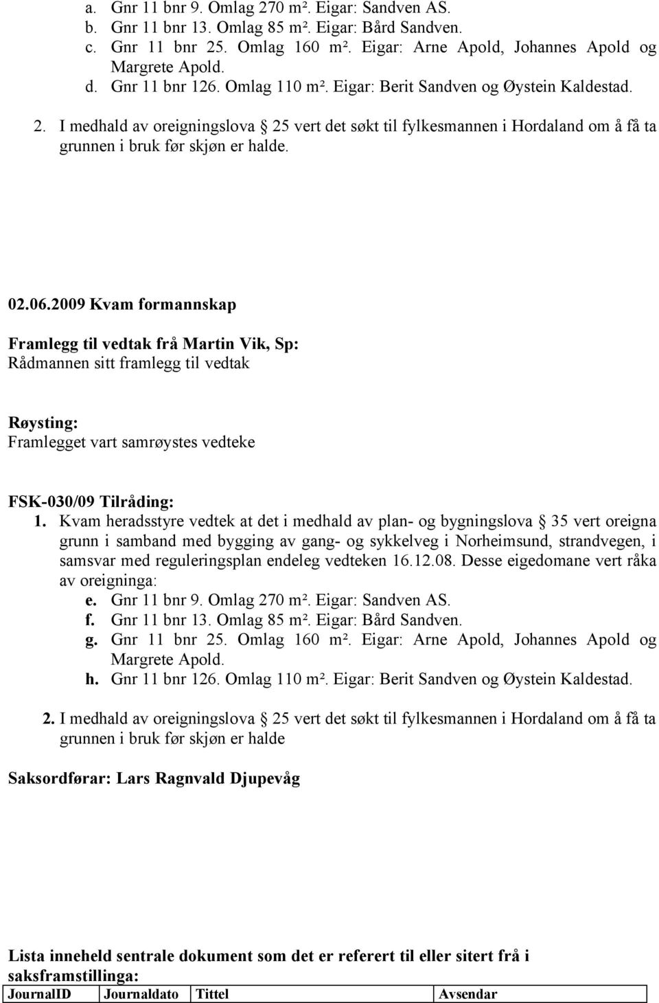 2009 Kvam formannskap Framlegg til vedtak frå Martin Vik, Sp: Rådmannen sitt framlegg til vedtak Røysting: Framlegget vart samrøystes vedteke FSK-030/09 Tilråding: e. Gnr 11 bnr 9. Omlag 270 m².