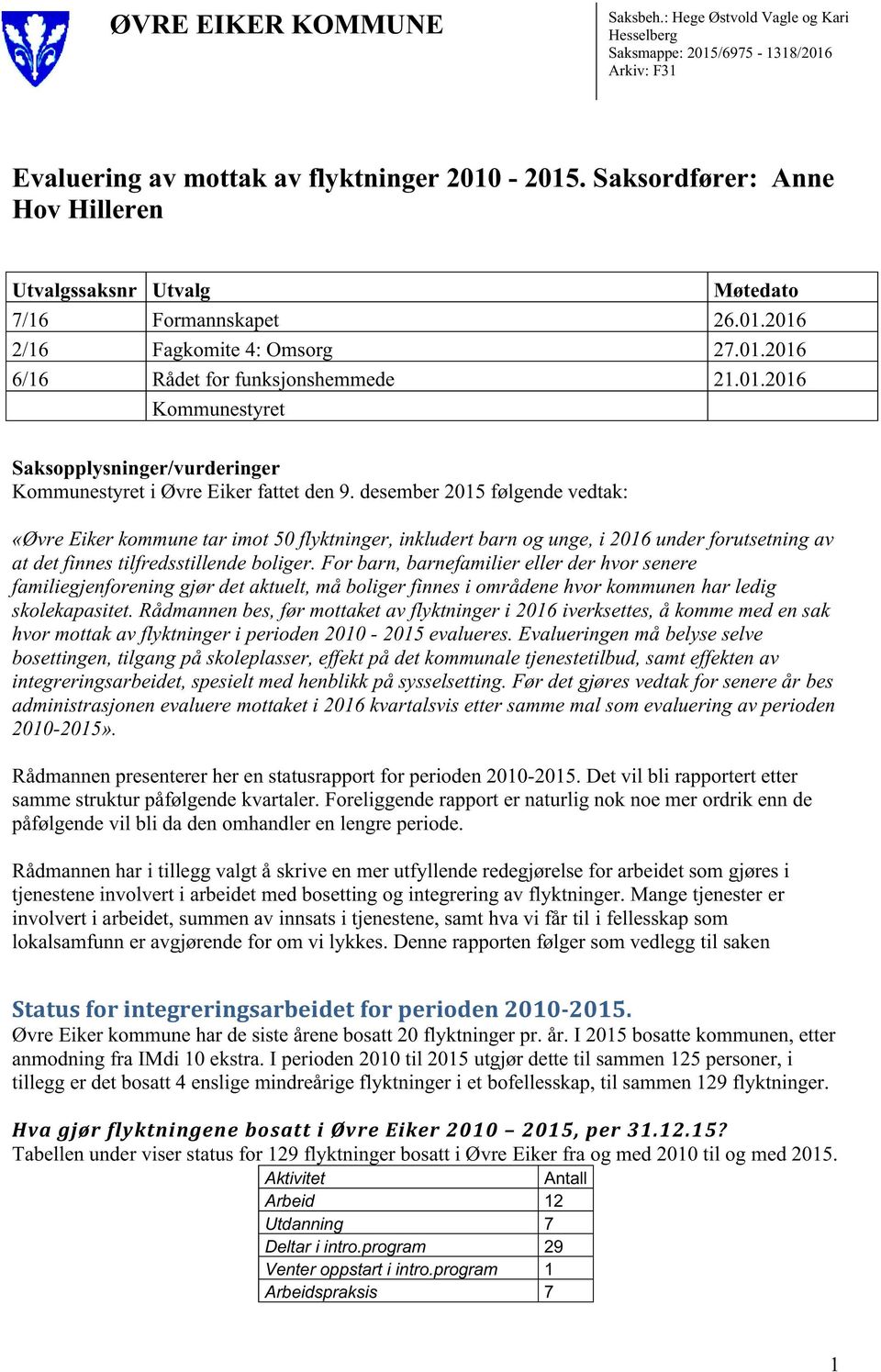 desember 2015 følgende vedtak: «Øvre Eiker kommune tar imot 50 flyktninger, inkludert barn og unge, i 2016 under forutsetning av at det finnes tilfredsstillende boliger.