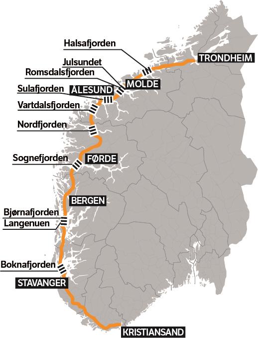 Ferjefri E39 1100 km 7 Ferjekryssingar står att på E39