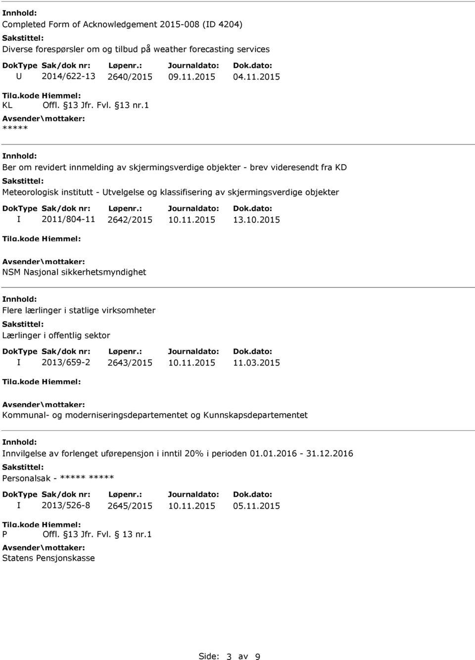 2011/804-11 2642/2015 13.10.2015 NSM Nasjonal sikkerhetsmyndighet Flere lærlinger i statlige virksomheter Lærlinger i offentlig sektor 2013/659-2 2643/2015 11.03.