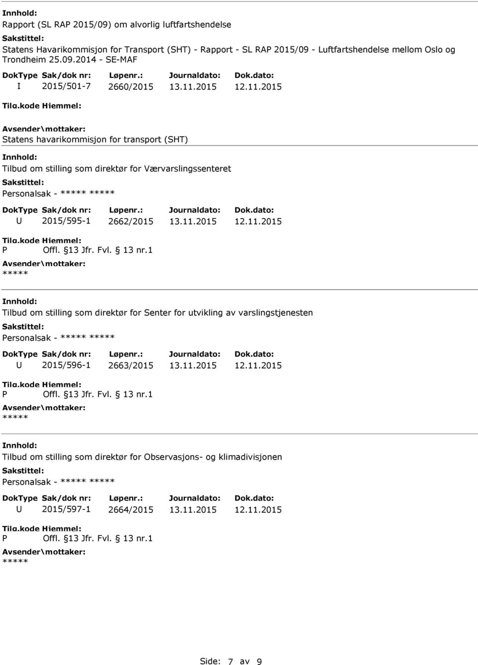 2014 - SE-MAF 2015/501-7 2660/2015 Statens havarikommisjon for transport (SHT) Tilbud om stilling som direktør for Værvarslingssenteret