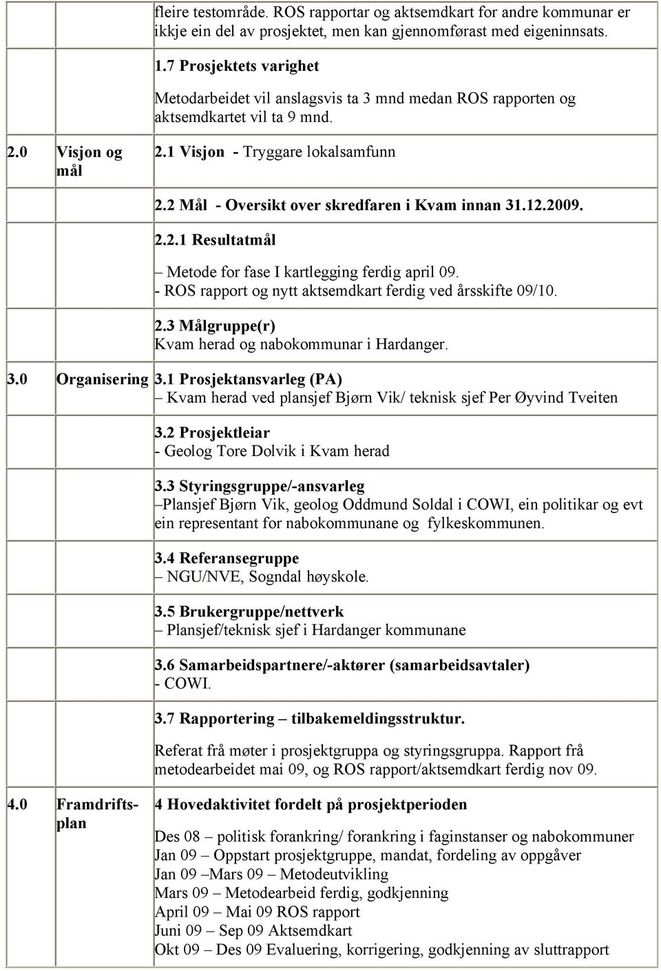 2 Mål - Oversikt over skredfaren i Kvam innan 31.12.2009. 2.2.1 Resultatmål Metode for fase I kartlegging ferdig april 09. - ROS rapport og nytt aktsemdkart ferdig ved årsskifte 09/10. 2.3 Målgruppe(r) Kvam herad og nabokommunar i Hardanger.