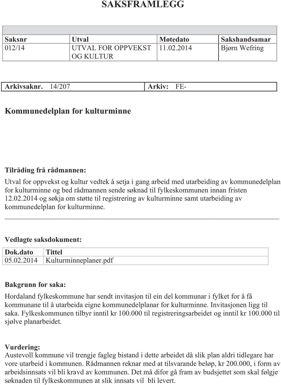 sende søknad til fylkeskommunen innan fristen 12.02.2014 og søkja om støtte til registrering av kulturminne samt utarbeiding av kommunedelplan for kulturminne. Vedlagte saksdokument: Dok.