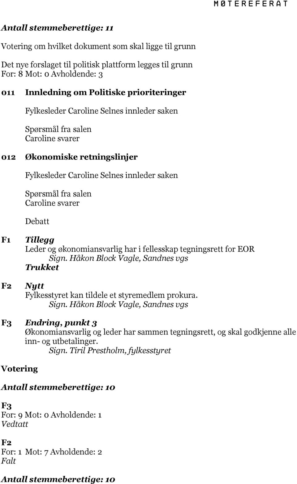 har i fellesskap tegningsrett for EOR Sign. Håkon Block Vagle, Sandnes vgs Trukket Nytt Fylkesstyret kan tildele et styremedlem prokura. Sign. Håkon Block Vagle, Sandnes vgs F3 Endring, punkt 3 Økonomiansvarlig og leder har sammen tegningsrett, og skal godkjenne alle inn- og utbetalinger.