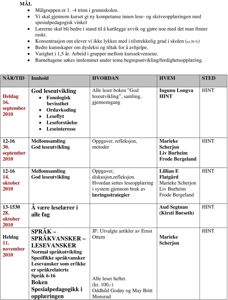 Konsentrasjon om elever vi ikke lykkes med i tilstrekkelig grad i skolen (ca 20 %) Bedre kunnskaper om dysleksi og tiltak for å avhjelpe. Varighet i 1,5 år. Arbeid i grupper mellom kurssekvensene.