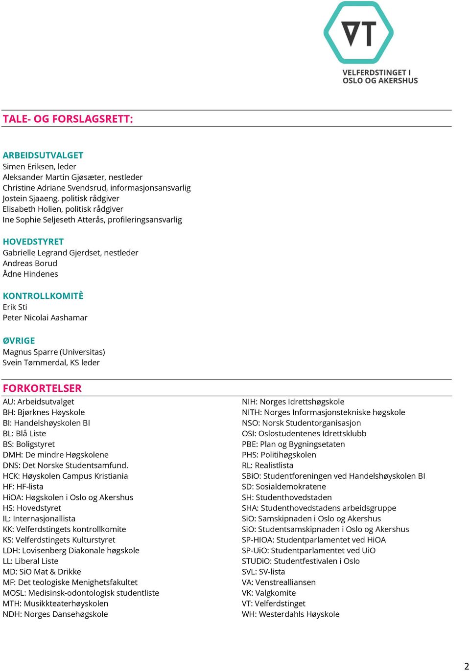 Aashamar ØVRIGE Magnus Sparre (Universitas) Svein Tømmerdal, KS leder FORKORTELSER AU: Arbeidsutvalget BH: Bjørknes Høyskole BI: Handelshøyskolen BI BL: Blå Liste BS: Boligstyret DMH: De mindre