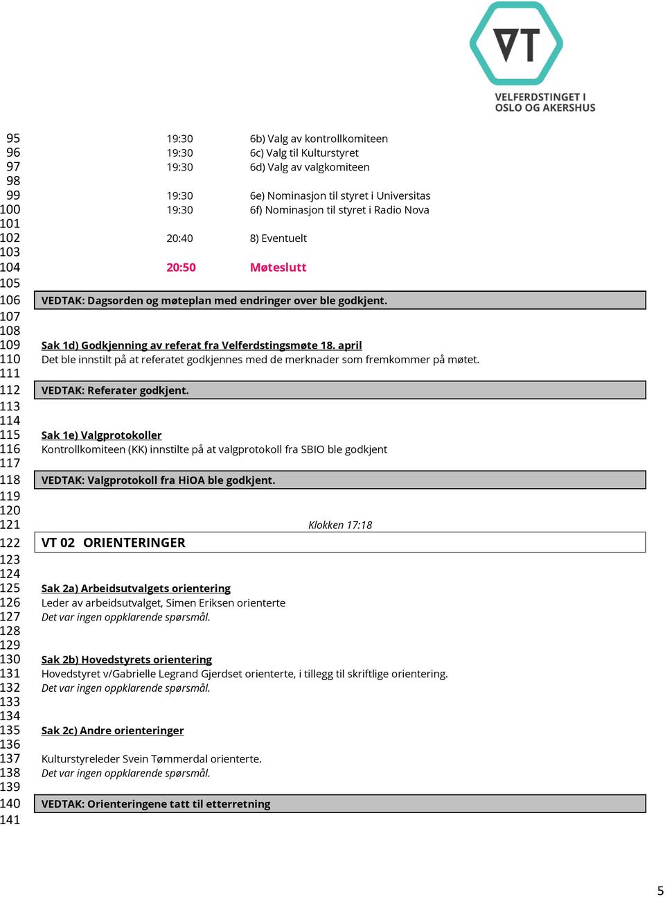 Møteslutt VEDTAK: Dagsorden og møteplan med endringer over ble godkjent. Sak 1d) Godkjenning av referat fra Velferdstingsmøte 18.