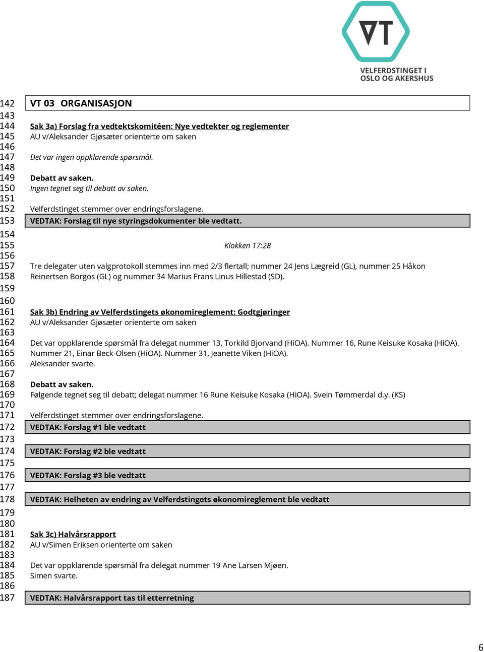 Ingen tegnet seg til debatt av saken. Velferdstinget stemmer over endringsforslagene. VEDTAK: Forslag til nye styringsdokumenter ble vedtatt.