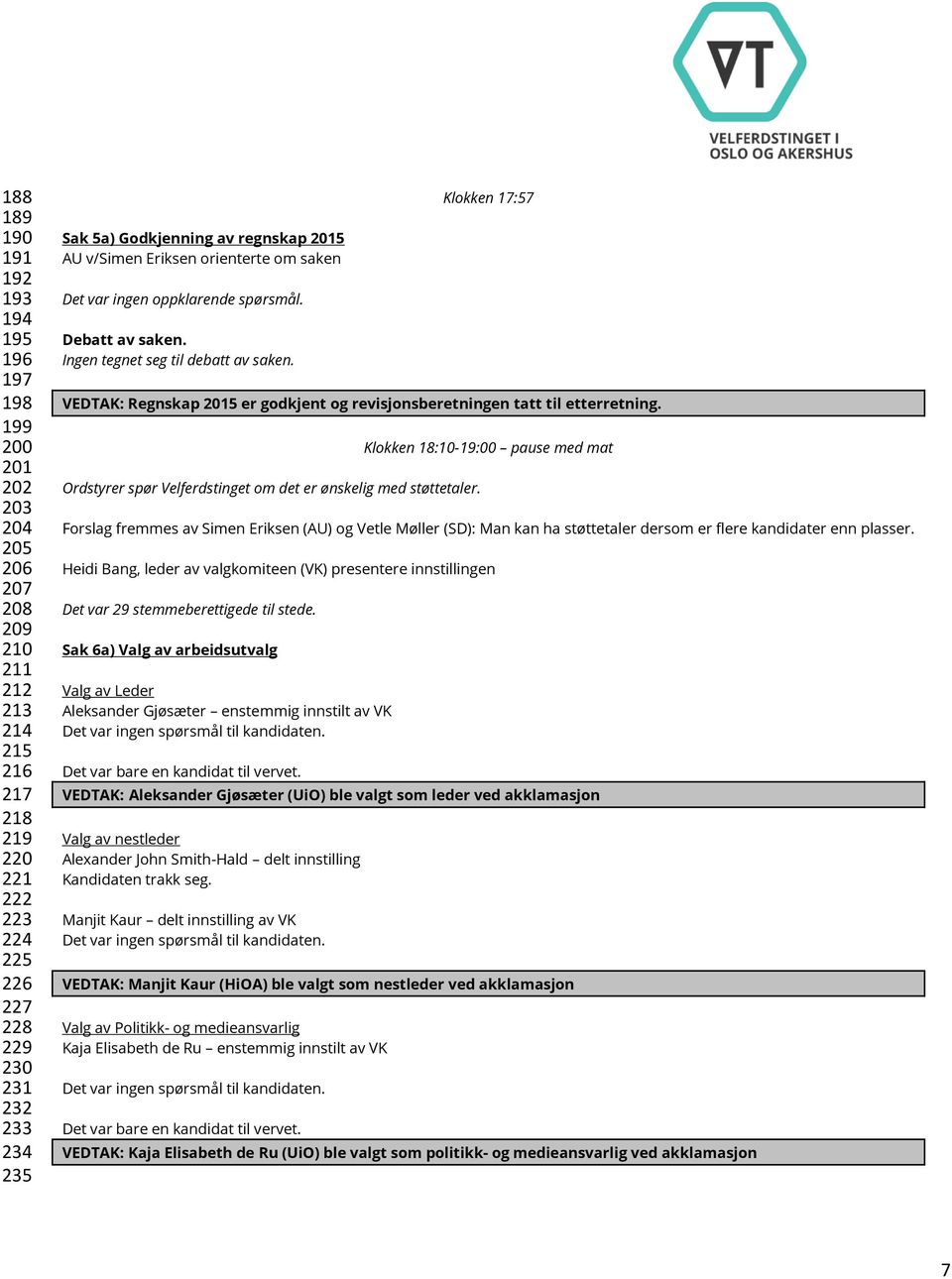 VEDTAK: Regnskap 2015 er godkjent og revisjonsberetningen tatt til etterretning. Klokken 18:10-19:00 pause med mat Ordstyrer spør Velferdstinget om det er ønskelig med støttetaler.