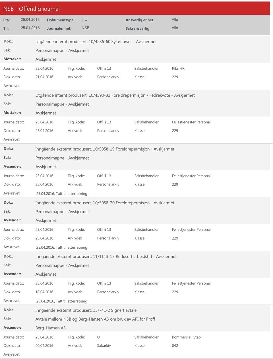 Personalmappe -, Tatt til etterretning Inngående eksternt produsert, 10/5058-20 Foreldrepermisjon - Personalmappe -, Tatt til etterretning Inngående eksternt produsert, 11/1113-15