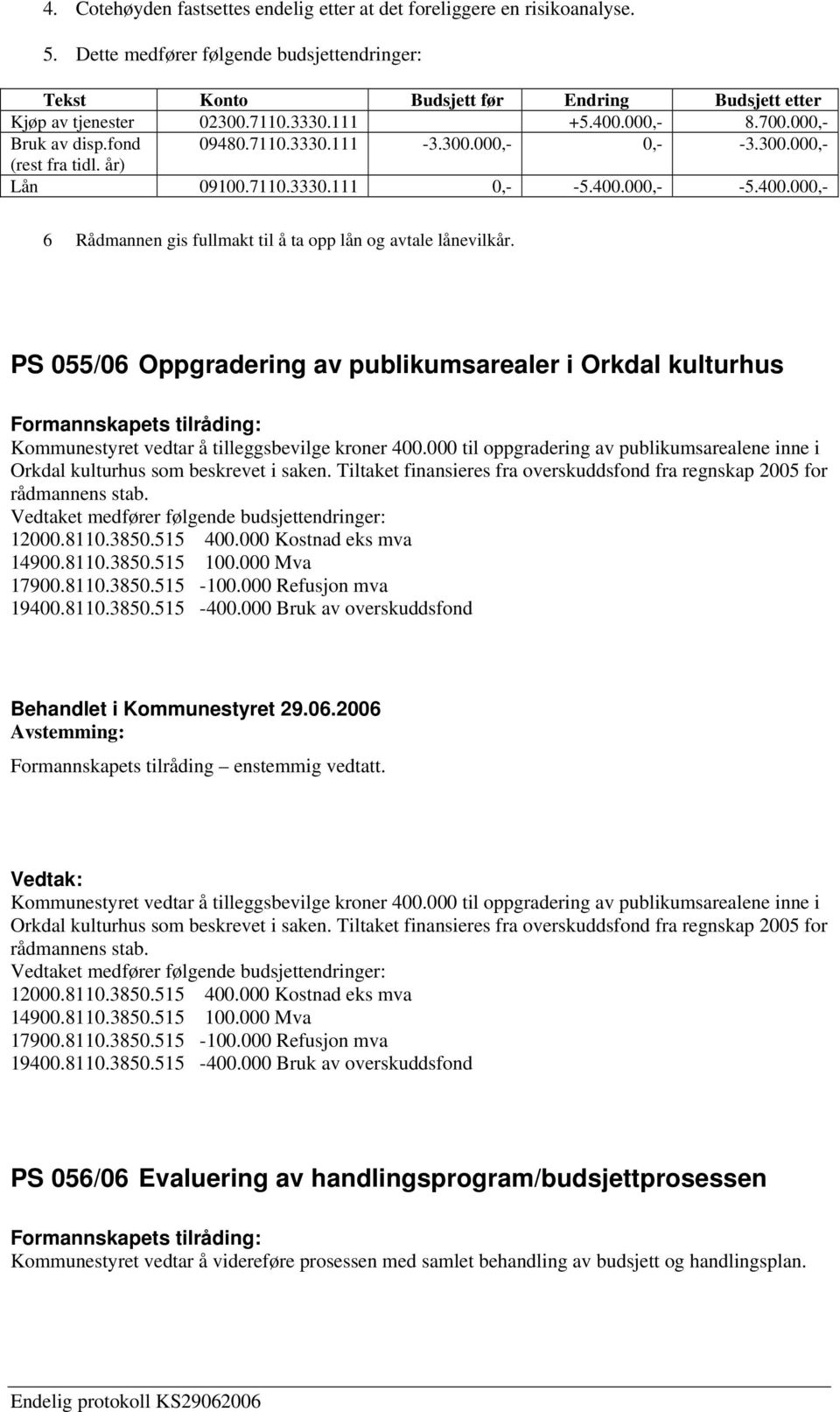 PS 055/06 Oppgradering av publikumsarealer i Orkdal kulturhus Kommunestyret vedtar å tilleggsbevilge kroner 400.000 til oppgradering av publikumsarealene inne i Orkdal kulturhus som beskrevet i saken.