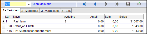 Så må du lage lønnsarten for innberetning og beregning av skatt og aga av utgiftsgodtgjørelsen: Kartotek Fast lønn/trekk skal da ligge slik: I Periodens lønn Registrere pr.