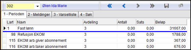 I Periodens Lønn Registrere pr. person vil det se sånn ut i mai, hvis vi følger vårt eksempel, når rest sjablongbeløp brukes opp: Lønnsart 115 og 116 vil kun innberette kr. 4.