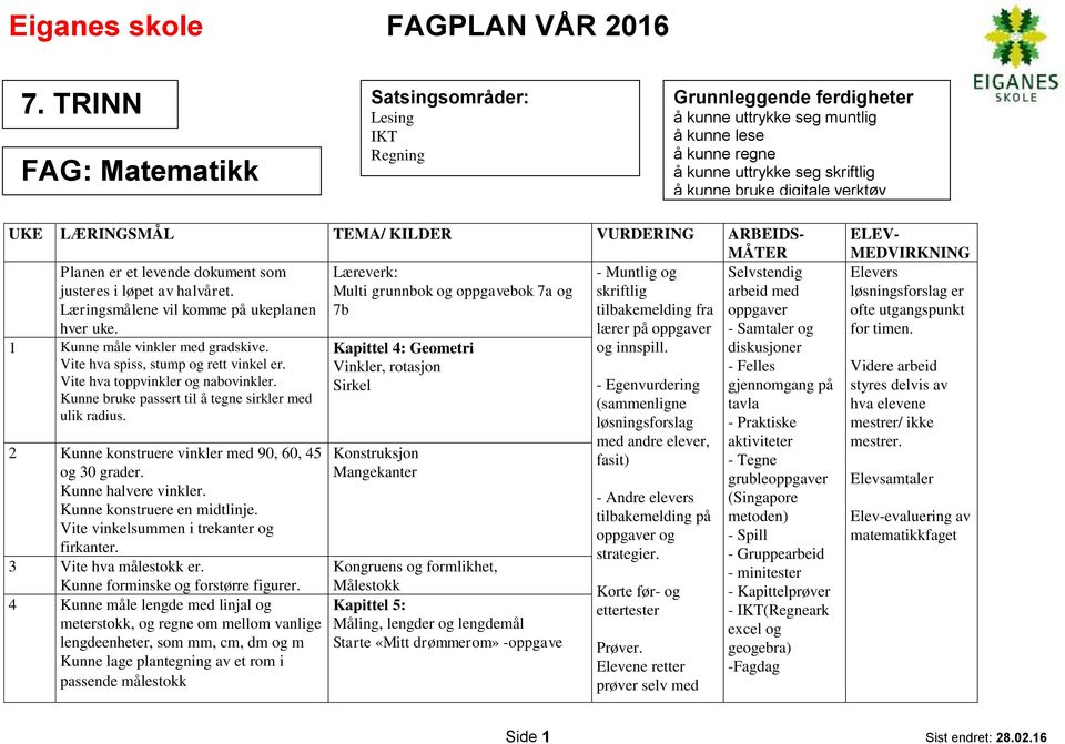 Multi grunnbok og oppgavebok 7a og skriftlig Læringsmålene vil komme på ukeplanen 7b tilbakemelding fra hver uke. lærer på oppgaver og innspill. 1 Kunne måle vinkler med gradskive.