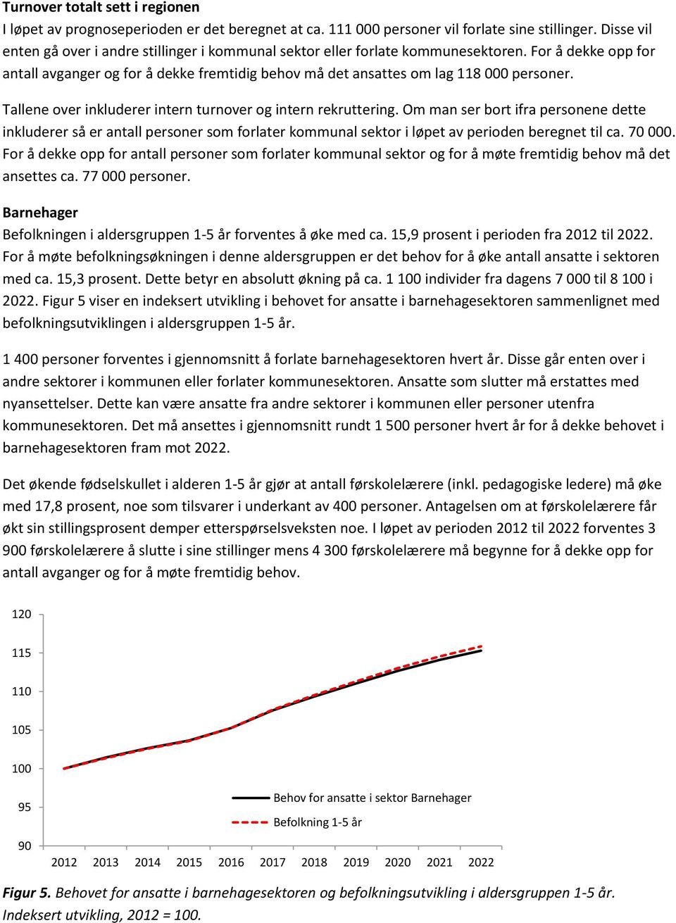 Tallene over inkluderer intern turnover og intern rekruttering. Om man ser bort ifra personene dette inkluderer så er antall personer som forlater kommunal sektor i løpet av perioden beregnet til ca.