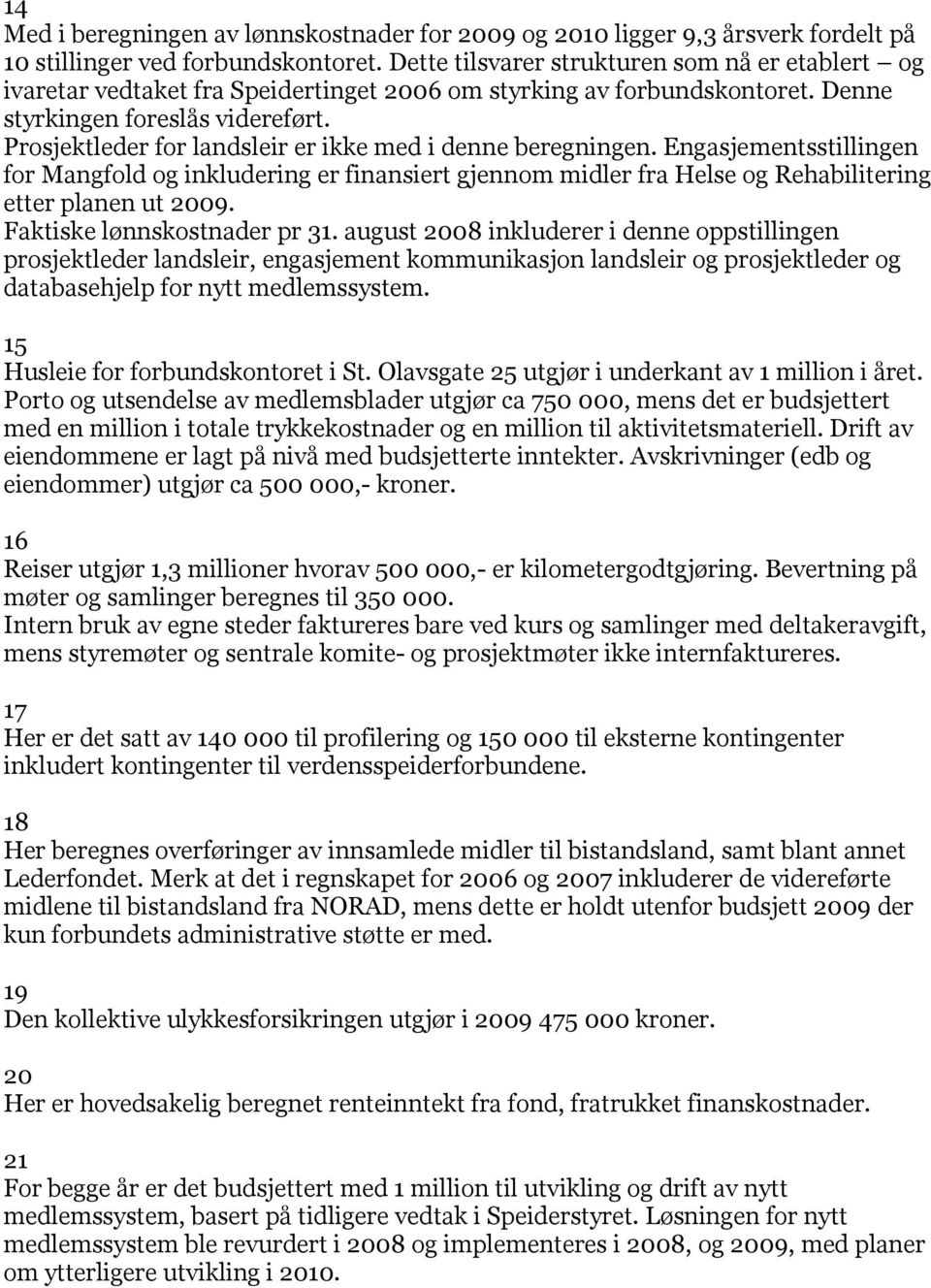 Prosjektleder for landsleir er ikke med i denne beregningen. Engasjementsstillingen for Mangfold og inkludering er finansiert gjennom midler fra Helse og Rehabilitering etter planen ut 2009.