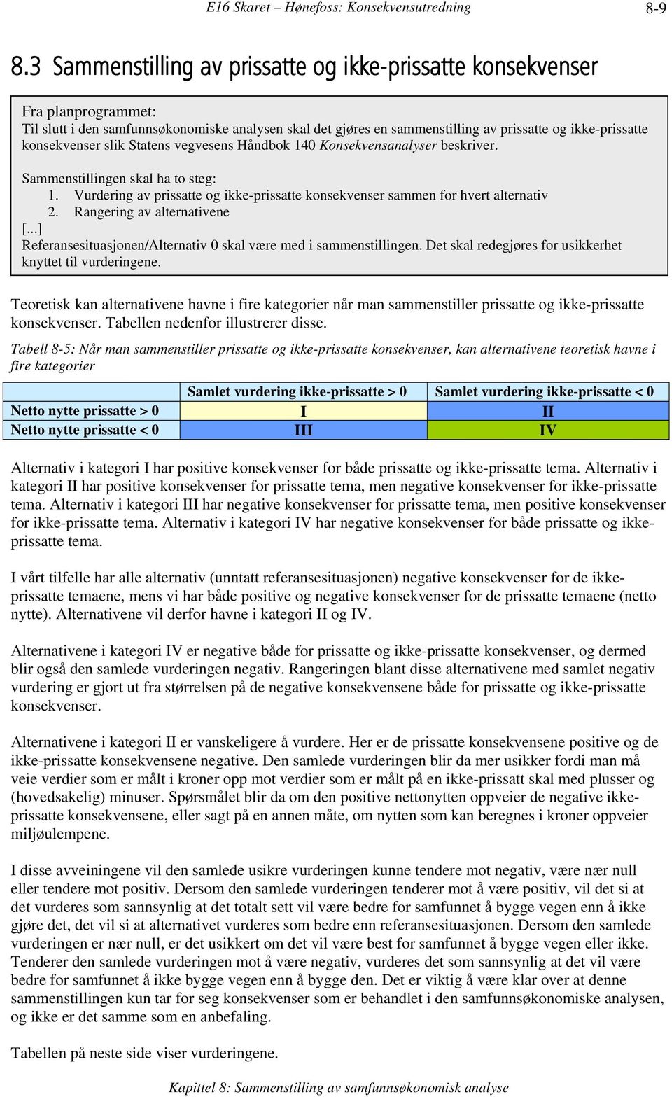 konsekvenser slik Statens vegvesens Håndbok 140 Konsekvensanalyser beskriver. Sammenstillingen skal ha to steg: 1. Vurdering av prissatte og ikke-prissatte konsekvenser sammen for hvert alternativ 2.