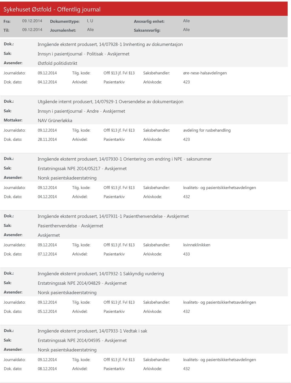 dato: 28.11.2014 Arkivdel: Pasientarkiv Arkivkode: 423 Inngående eksternt produsert, 14/07930-1 Orientering om endring i NPE - saksnummer Erstatningssak NPE 2014/05217 - Dok. dato: 04.12.