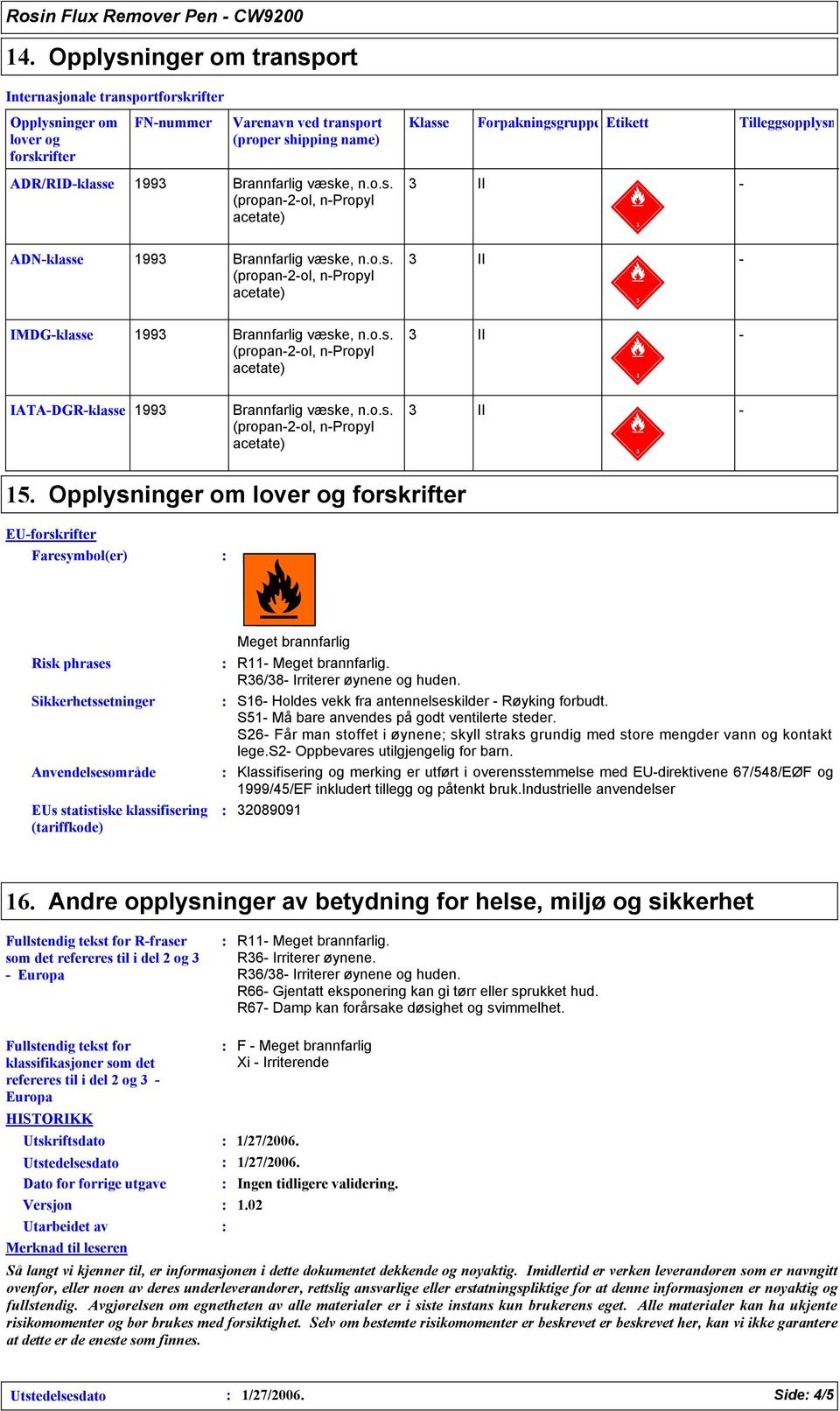 Tilleggsopplysn ADR/RIDklasse 199 II ADNklasse 199 II IMDGklasse 199 II IATADGRklasse 199 II 15.