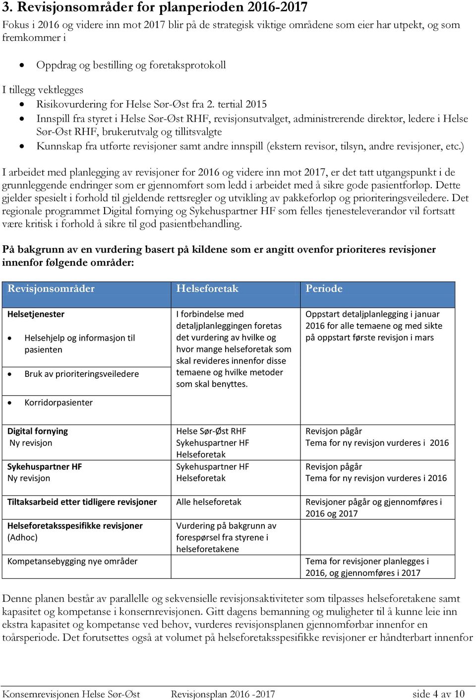 tertial 2015 Innspill fra styret i Helse Sør-Øst RHF, revisjonsutvalget, administrerende direktør, ledere i Helse Sør-Øst RHF, brukerutvalg og tillitsvalgte Kunnskap fra utførte revisjoner samt andre