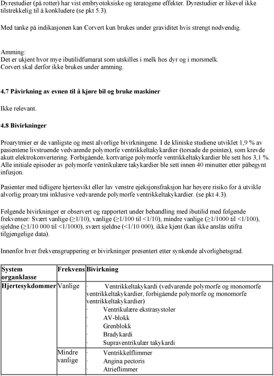 Corvert skal derfor ikke brukes under amming. 4.7 Påvirkning av evnen til å kjøre bil og bruke maskiner Ikke relevant. 4.8 Bivirkninger Proarytmier er de vanligste og mest alvorlige bivirkningene.