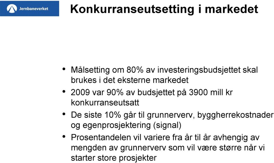 til grunnerverv, byggherrekostnader og egenprosjektering (signal) Prosentandelen vil variere