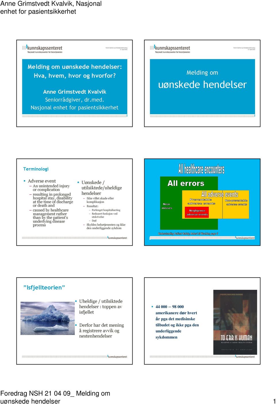 Nasjonal Kunnskapsesenterets nye PPT-mal Melding om uønskede hendelser Terminologi Adverse event An unintended injury or complication resulting in prolonged hospital stay, disability at the time of