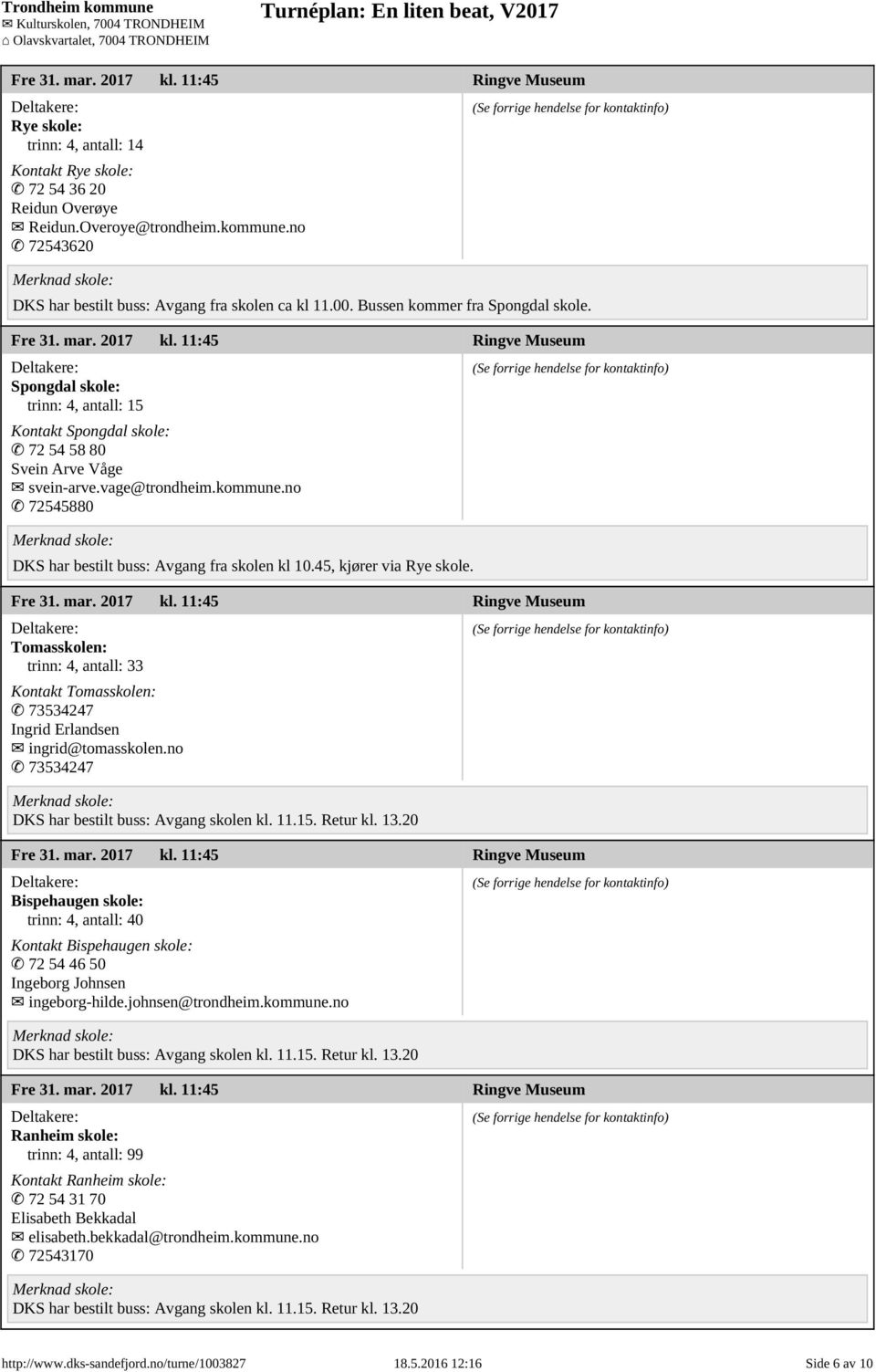 11:45 Ringve Museum Spongdal skole: trinn: 4, antall: 15 Kontakt Spongdal skole: 72 54 58 80 Svein Arve Våge svein-arve.vage@trondheim.kommune.