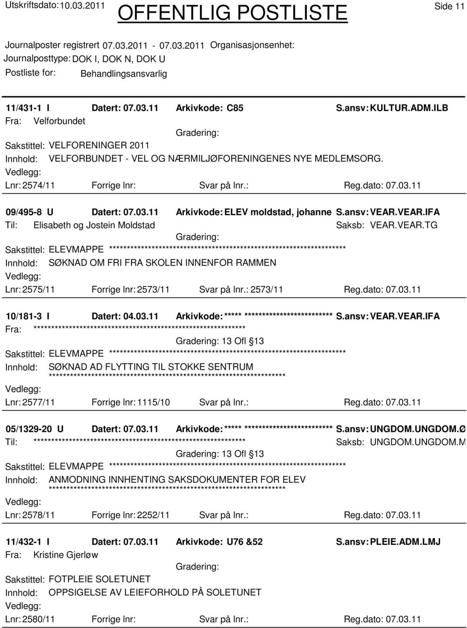 VEAR.IFA Til: Elisabeth og Jostein Moldstad Saksb: VEAR.VEAR.TG Innhold: SØKNAD OM FRI FRA SKOLEN INNENFOR RAMMEN Lnr: 2575/11 Forrige lnr: 2573/11 Svar på lnr.: 2573/11 Reg.dato: 07.03.