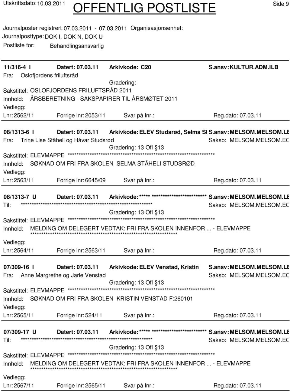 11 08/1313-6 I Datert: 07.03.11 Arkivkode:ELEV Studsrød, Selma St S.ansv: MELSOM.MELSOM.LE Fra: Trine Lise Stâheli og Håvar Studsrød Saksb: MELSOM.MELSOM.EO 13 Ofl 13 Innhold: SØKNAD OM FRI FRA SKOLEN SELMA STÄHELI STUDSRØD Lnr: 2563/11 Forrige lnr: 6645/09 Svar på lnr.