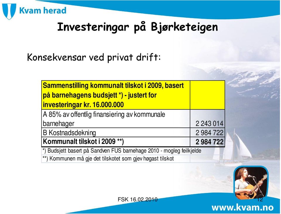 000 A 85% av offentlig finansiering av kommunale barnehager 2 243 014 B Kostnadsdekning 2 984 722 Kommunalt