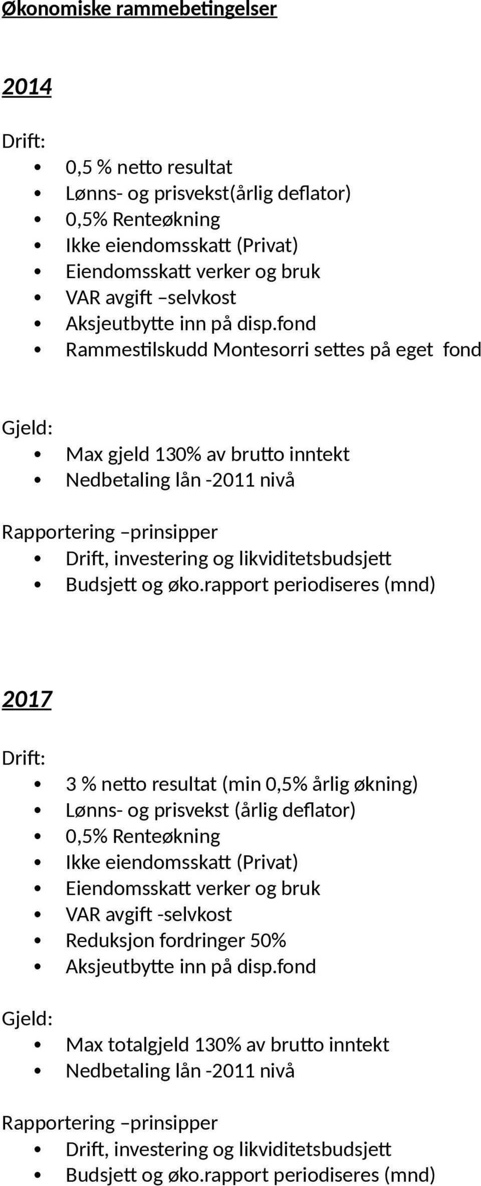 fond Rammestilskudd Montesorri settes på eget fond Gjeld: Max gjeld 130% av brutto inntekt Nedbetaling lån -2011 nivå Rapportering prinsipper Drift, investering og likviditetsbudsjett Budsjett og øko.