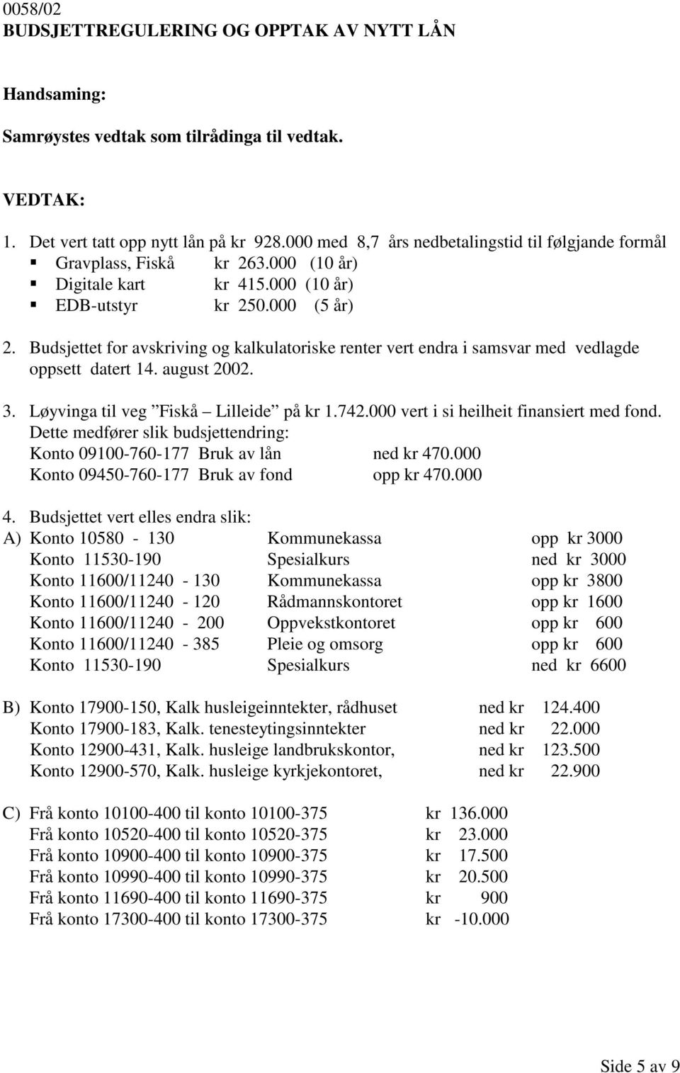 Budsjettet for avskriving og kalkulatoriske renter vert endra i samsvar med vedlagde oppsett datert 14. august 2002. 3. Løyvinga til veg Fiskå Lilleide på kr 1.742.