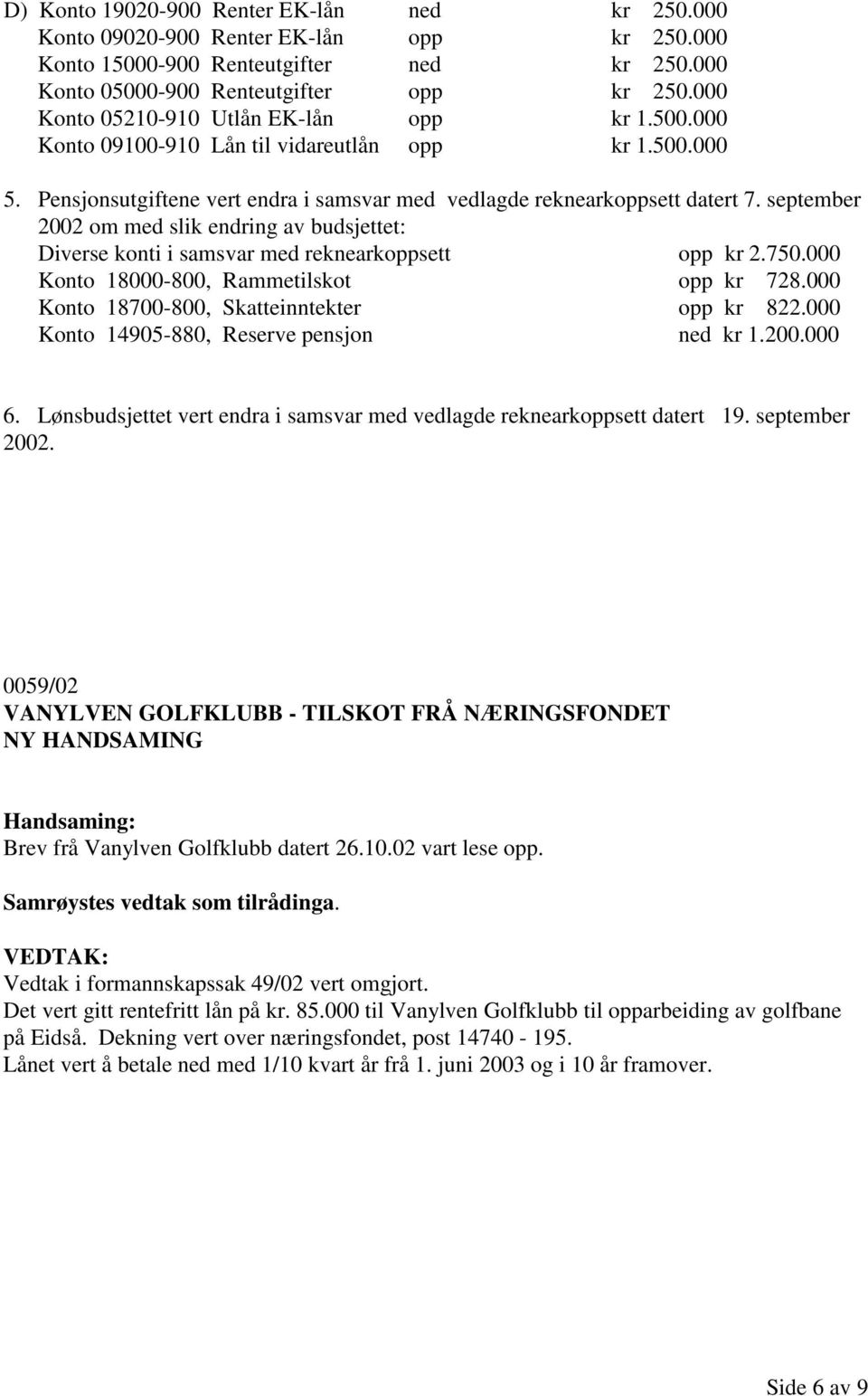 september 2002 om med slik endring av budsjettet: Diverse konti i samsvar med reknearkoppsett opp kr 2.750.000 Konto 18000-800, Rammetilskot opp kr 728.000 Konto 18700-800, Skatteinntekter opp kr 822.