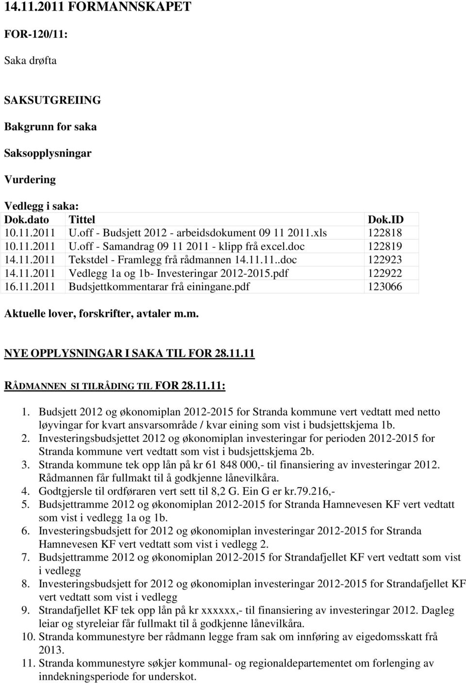 11.2011 Vedlegg 1a og 1b- Investeringar 2012-2015.pdf 122922 16.11.2011 Budsjettkommentarar frå einingane.pdf 123066 Aktuelle lover, forskrifter, avtaler m.m. NYE OPPLYSNINGAR I SAKA TIL FOR 28.11.11 RÅDMANNEN SI TILRÅDING TIL FOR 28.