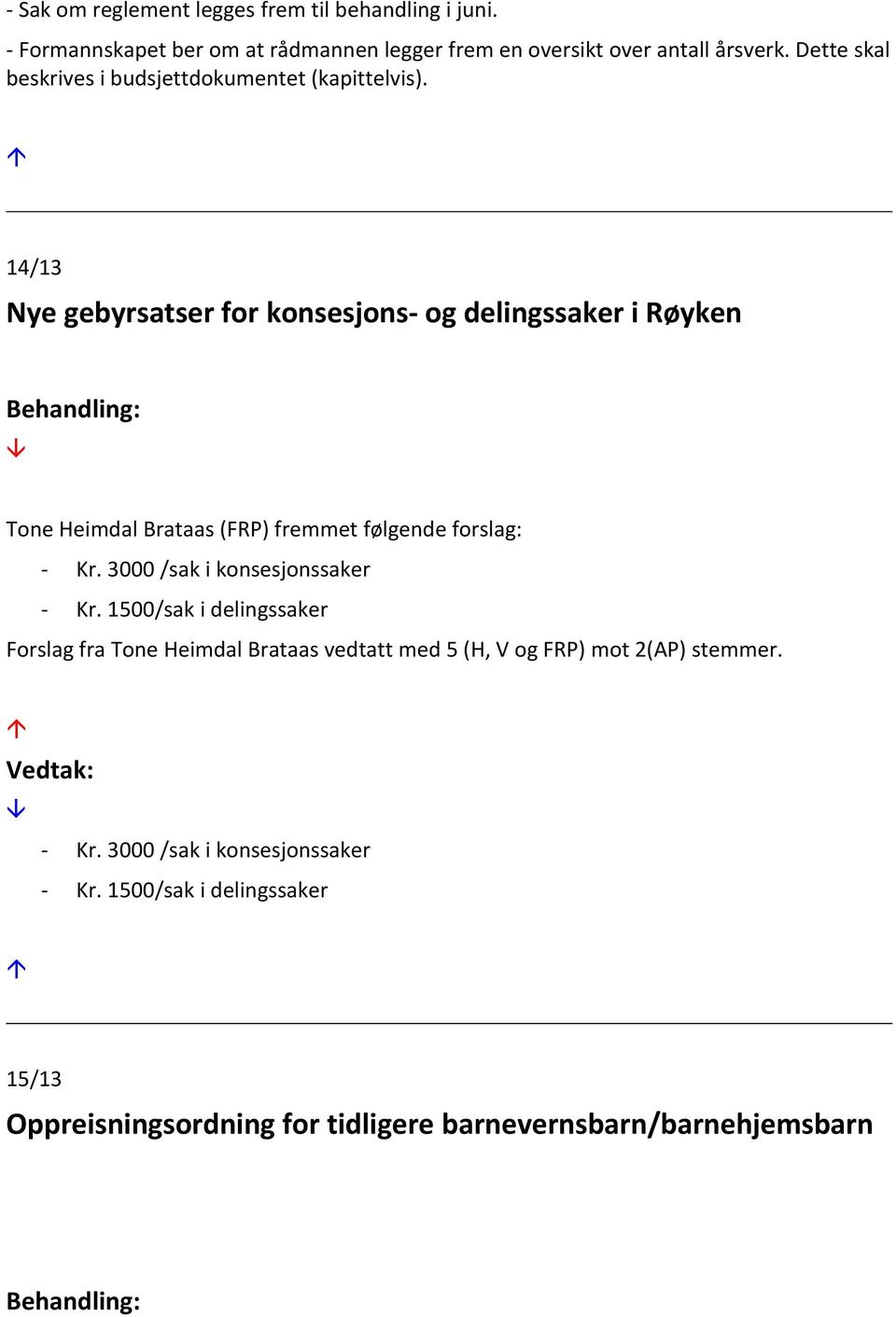 14/13 Nye gebyrsatser for konsesjons- og delingssaker i Røyken Tone Heimdal Brataas (FRP) fremmet følgende forslag: - Kr.