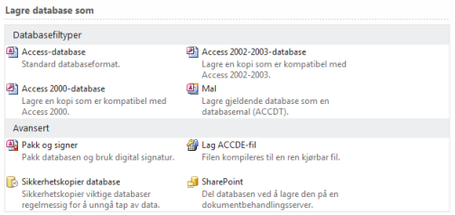 Arbeide med nye og gamle Access-filer Access 2010-databaser (og Access 2007-databaser) bruker et nytt format for lagring av filer.