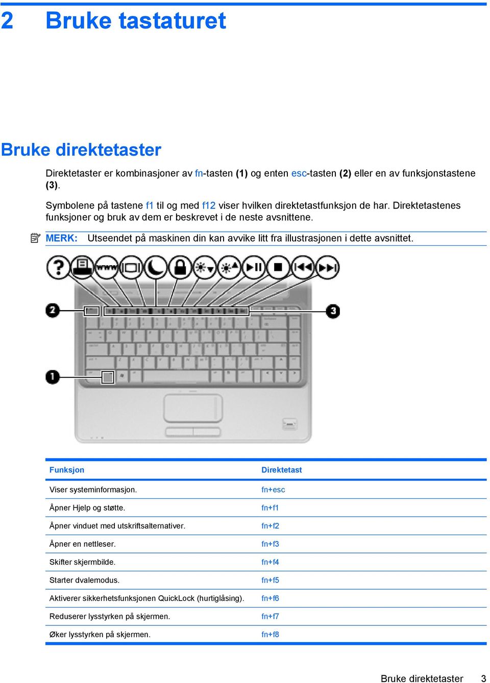 MERK: Utseendet på maskinen din kan avvike litt fra illustrasjonen i dette avsnittet. Funksjon Direktetast Viser systeminformasjon. Åpner Hjelp og støtte.