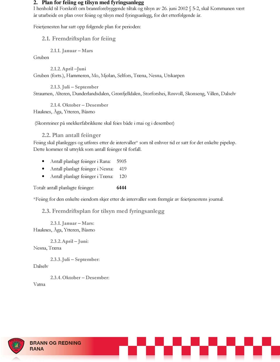 Fremdriftsplan for feiing 2.1.1. Januar Mars Gruben 2.1.2. April Juni Gruben (forts.), Hammeren, Mo, Mjølan, Selfors, Træna, Nesna, Utskarpen 2.1.3.